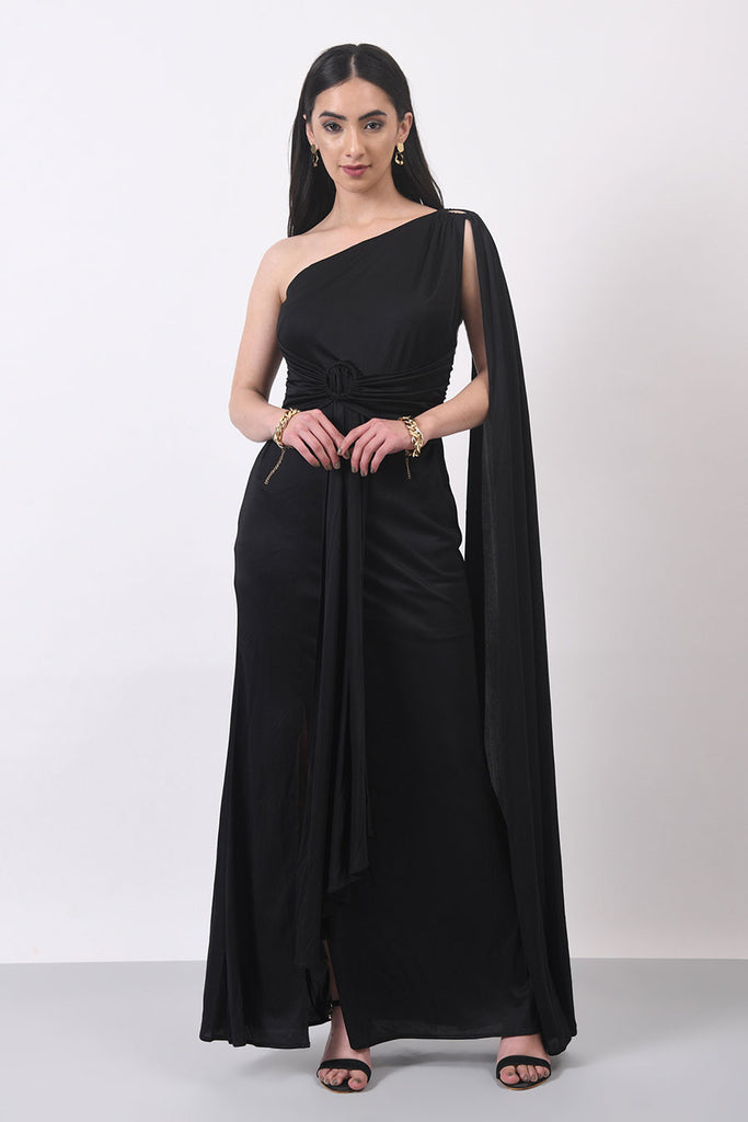 Black Georgette Embroidered Cape Gown Design by Basanti - Kapde aur Koffee  at Pernia's Pop Up Shop 2024